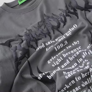 Camiseta con estampado informal para hombre, cuello redondo, de gran tamaño, con palangre, hombros caídos, estilo bohemio, diseño personalizado, logotipo, estampado acolchado - Product Image 3