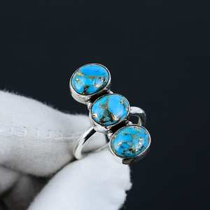 Bague en argent sterling 925 faite à la main huître naturelle turquoise trois pierres ovales pour mariage - Product Image 3