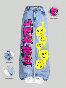 Taille haute déchiré en détresse lavé broderie Streetwear Style Demin Jeans Offres Spéciales décontracté Cargo taille haute pantalon à jambes larges - Product Image 4