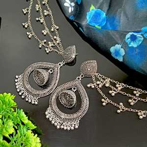 Efulgenz, joyería nupcial India oxidada Chandbali Jhumka, conjunto de pendientes colgantes grandes con cadena de oreja, joyería mayorista para mujer - Product Image 2