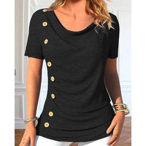 Blusa de viscosa con botones laterales y cuello redondo de manga corta para mujer, 33576 - Product Image 3