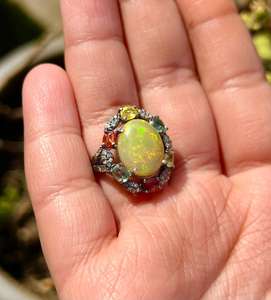 Anillo de Cóctel Minimalista de Plata de Ley 925 con Ópalo Etíope Natural, Zafiro Multicolor y Diamante, Chapado en Rodio, para Aniversario o Fiesta - Product Image 3