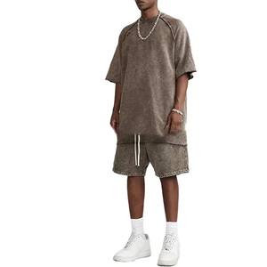 T-shirts en maille lourde lavés, ensemble de survêtement 2 pièces, coupe régulière, 100% coton, logo personnalisé pour hommes - Product Image 3