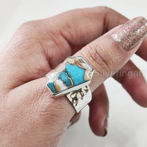 Bague Femme Cercueil Naturel Huître Cuivre Turquoise Gemme Décembre Pierre De Naissance Martelé Cercueil Bague Bague En Argent Sterling 925 - Product Image 2