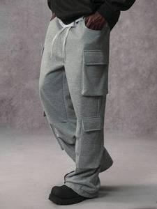 Wholesale men's pants washed Oversized Grey Cargo Sweatpants Baggy Streetwear Jogger Trousers with Side Multi Flap Pockets Bulk - Product Image 2
