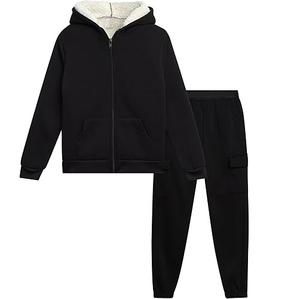 French Terry Winter Kids Wears Girls Plain Custom Logo Chándales negros Traje de sudor Tallas grandes con cremallera Pullover Sudaderas con capucha Trajes - Product Image 6
