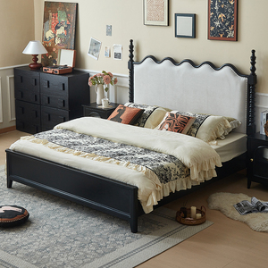 Traditional <b>Platform</b> <b>Bed</b> Queen Size Solid Wood <b>Frame</b> Soft Upholstered Headboard Black Finish - Product Image 4