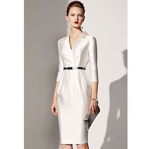 Vestidos de manga larga de oficina antiarrugas tela de sarga con cuello en V servicio OEM teñidos lisos formales vestidos hasta la rodilla naturales de Vietnam - Product Image 5