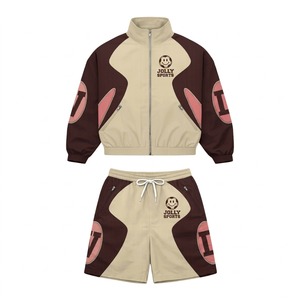 Conjunto Corto de Chaqueta Cortavientos de Algodón y Poliéster para Hombre, Diseño de Paneles Beige y Marrón, Estampado Puff, Logotipo Personalizado - Product Image 1