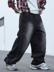 American Fashion Brand High Street Jeans para hombre Tubo recto de alta calidad Suelto Lavado Diseño resistente Cadena de uñas de talla grande - Product Image 6