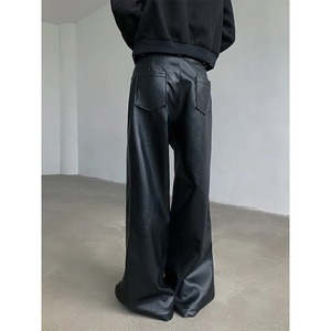 Autumn Winter Punk <b>Men's</b> PU <b>Leather</b> Pants Fashion Black Hipcool <b>Men</b> Zipper Wide-leg Mopping <b>Trousers</b> All-match Windproof - Product Image 2