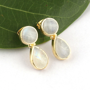 Magnifiques boucles d'oreilles en pierre de lune naturelle, plaqué or jaune, goutte d'eau ronde, poire, double pierre, bijoux pour femme - Product Image 3
