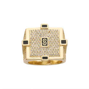 Luxury Hip Hop Square Statement <b>Ring</b> for <b>Men</b> <b>Gold</b> Plated Copper Full CZ Diamond Paved Black Enamel Fashion Jewelry Wholesale - Product Image 1