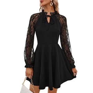 Women's Black Sustainable Solid Bodycon Dress Lace <b>Mesh</b> Sleeves Flared Skater Style Sweetheart Neckline Natural Waist-Washable - Product Image 4
