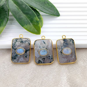 925 Sterling Silver Fine Pendentifs Charmes Rectangle Lisse Mousse Agate Incrustation Gemme Lunette Réglage Collier Faire En Vrac - Product Image 1