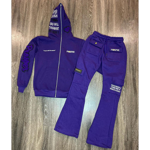 Vente la plus populaire Patchs chenille unisexes personnalisés et lettres de broderie Sweat à capuche zippé et pantalons de survêtement évasés Private Label Hommes Survêtements - Product Image 3