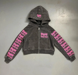 Veste courte pour femme en molleton épais de coton lourd, avec fermeture éclair personnalisée, imprimé, sans cordon, effet délavé vintage, style acid wash - Product Image 6