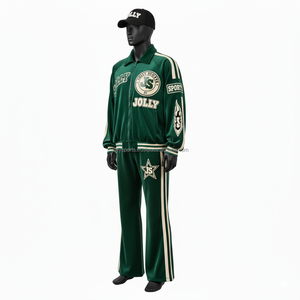 Luxury 280GSM Velour <b>Men</b> Tracksuit Rich <b>Green</b> Color Custom Logo Embroidery Chenille Badges Comfortable Fit Tracksuit - Product Image 3