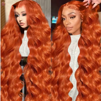 Perruques de cheveux humains ondulées couleur orange gingembre vif, avec dentelle frontale, sans colle, pré-épilées, coupe dégradée, pour salon