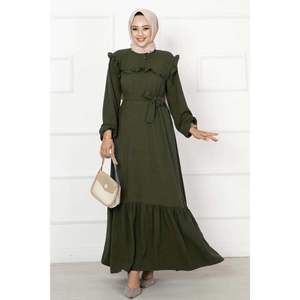 Robe décontractée aérobine kaki demi-boutonnée à volants - Product Image 2