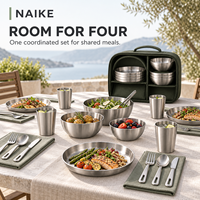 Ensemble de vaisselle moderne OEM en acier inoxydable 304, service de table de camping avec assiettes, bols, tasses et couverts pour usage en station balnéaire et pique-nique
