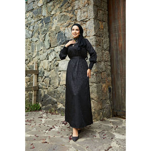 Vestido Jacquard en Línea A en Negro con Cinturón de Satén Desmontable y Mangas, Cintura Natural - Product Image 3