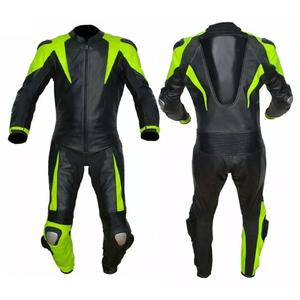 Traje de carreras de moto de cuero fluorescente negro neón - Product Image 1