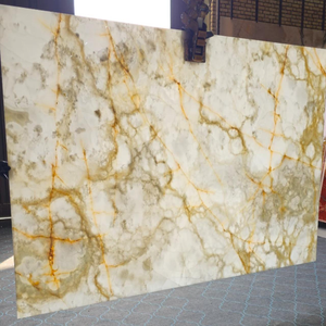 Dalles de marbre onyx aux tons terreux, beige naturel, vert, panneaux de pierre dorée - Product Image 5