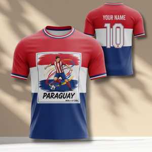 Maglia da Tifoso Paraguay WC 2026, T-Shirt Rossa Bianca e Blu con Grafica Calcistica, Orgoglio Sudamericano, Maglietta Promozionale per il Giorno della Partita - Product Image 1