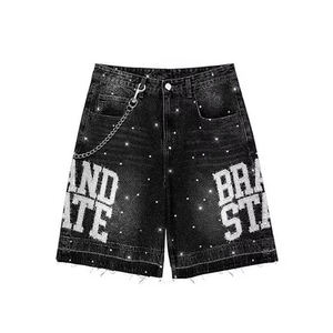 Strass personnalisé en détresse broderie deux pièces coton lavé à l'acide soleil fané ensemble t-shirt et short pour hommes - Product Image 5