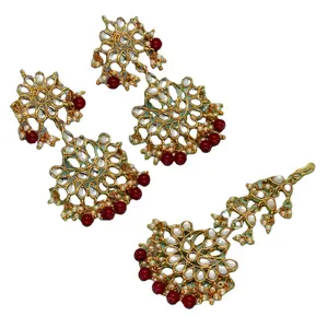 Latest Exclusive Designer Light Weight with Colorful Kundan Maroon Color Kundan Earrings With Maang Tikka for Women And Girls