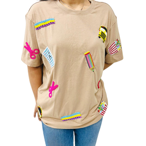 เสื้อยืดลำลองคุณภาพสูงมาใหม่สำหรับผู้หญิงผ้าปะติดลูกปัดสำหรับไปโรงเรียนกลับไปทำงานเสื้อยืดโอเวอร์ไซส์ออกแบบได้ตามต้องการ - Product Image 5