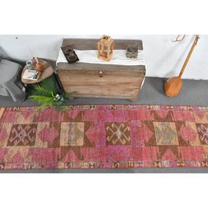 Vintage Turkish Kilim Rug 2.9 X 11ft Pink <b>Brown</b> Patchwork Design Flat Weave <b>Wool</b> with Latex Backing for Hallway Rectangle Space - Product Image 5