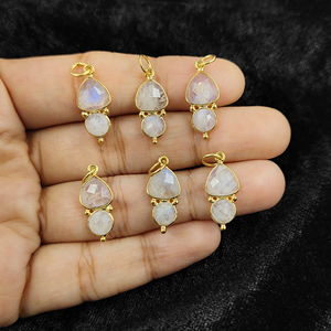 Bleu feu pierre de lune pendentif Double pierre plaqué or collier pendentif fantaisie lunette juin pierre de naissance bijoux - Product Image 3