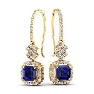 REYES Superbes boucles d'oreilles pendantes en or massif 14 carats avec diamants certifiés IGI Radiant Cut 3.49 Carat Blue Sapphire Gemstone Jewelry - Product Image 1
