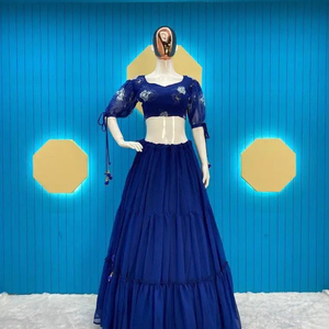 Lehenga Choli de Color Azul Atractivo para Fiestas, en Georgette con Estampado Floral y Volantes, Diseño Encantador para Mujer - Product Image 3