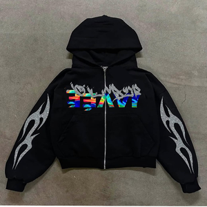 Sweat à capuche personnalisé 100% coton décontracté imprimé numérique lavé au soleil Sweat à capuche zippé avec strass de style de rue - Product Image 3