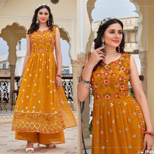 Anarkali Kurti de trabajo hecho a mano indio-pakistaní con pantalón traje cosido completo de dos piezas para mujer - Product Image 3