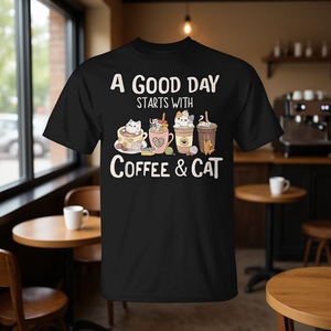 Camiseta promocional con estampado de gato y café: El día bueno comienza con café y gatos - Product Image 3