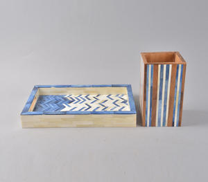 Plateau de service rectangulaire en bois de manguier fait main avec incrustation de résine jaune et bleue vibrante, motif marocain, plateau ottoman décoratif - Product Image 5