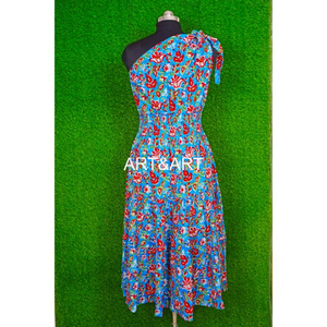 Vestido Midi informal de algodón 100% con un hombro para mujer, estampado de bloques florales, cuello profundo, cuerda, silueta suelta, forro de algodón - Product Image 2