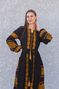 Ukrainien Boho Gypsy Haute Couture Robe De Soirée À Manches Longues Col En V Tissé Tissu Motif Décorations Longueur Au Sol Longueur Au Genou - Product Image 3