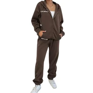 Women's Brown Sierra Nevada Printed Cardigan Jogger Oversize Tracksuit Set Hooded With Pockets 60% Cotton