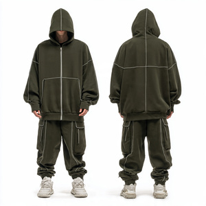 Conjunto Deportivo de Invierno para Hombre, Sudadera con Capucha de Doble Línea de Rayas Extra Grande y Pantalones Rectos |   Estilo holgado y urbano - Product Image 3