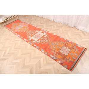 พรมเฮอร์กีวินเทจขนาด 3x12.1 ฟุต ลายดอกไม้สีส้ม พรมขนสัตว์ตุรกี - Product Image 3