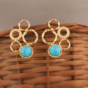 Pendientes elegantes de colección, color azul cielo turquesa, con textura redonda, chapados en oro sobre latón macizo, con engaste de púas, joyería de moda. - Product Image 5