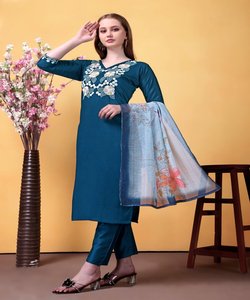 FANTAISIE RAYON SLUB SEQUENCE BRODERIE TRAVAIL HAUT BAS DUPATTA INDIEN PAKISTANI WEAR PRIX DE GROS VÊTEMENT ETHNIQUE TEAL KURTA ENSEMBLE - Product Image 2