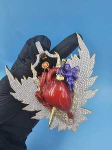 Pendentif en forme de cœur en argent sterling 925 plaqué or 14 carats/plaqué rhodium, émail, diamants moissanite, design ailes d'ange, hip-hop - Product Image 4