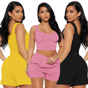 Ensemble débardeur et short côtelés pour femmes Deux pièces sans manches Ensemble assorti Summer Fitness Gymwear Lounge Clothing - Product Image 1