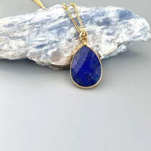 <b>Lapis</b> <b>Lazuli</b> Gemstone Pear Shape <b>Pendant</b> Necklace 925 Sterling Silver Gold Plating Natural Faceted Stone Main Necklace - Product Image 1